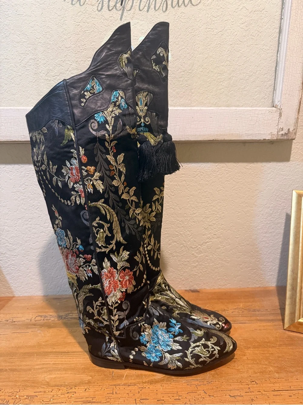 VTG RARE 80s Brocade/Leather Trim Tassel over the knee Flat Boots boho Gypsy 60s